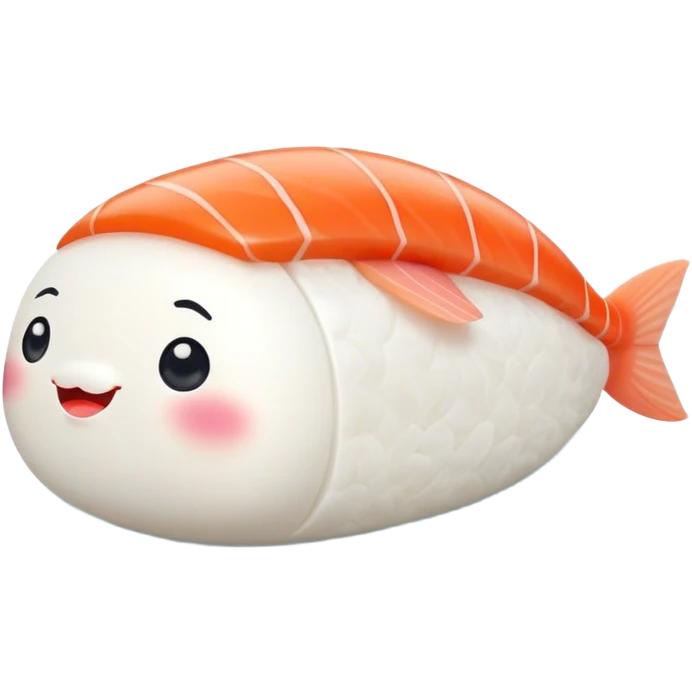 Cute Kawaii Nigiri Sushi, plump and happy, a soft white rice pillow topped with bright orange salmon, tiny blushing cheeks, big round eyes, a joyful floating expression! emoji