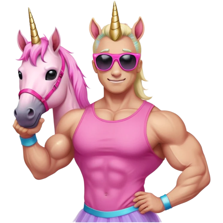 friendly anthropomorphised masculine unicorn with horse-like face, muscular bodybuilder build, in tutu and pink t-shirt, wearing dark sunglasses, relaxed pose, close-crop head and shoulders portrait emoji
