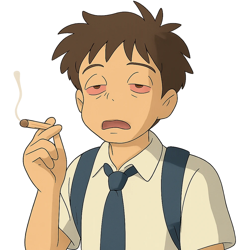 ghibli style of a student with a dazed expression and a joint, no background emoji