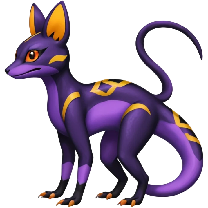 Rare epic aesthetic colorful Salandit-Noibat-Umbreon-Genet-species-Fakemon-hybrid-creature, with markings, full body emoji