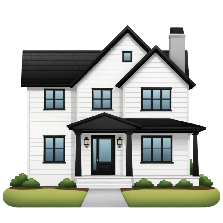 modern farmhouse with white siding, black roof and black trim, exterior view emoji
