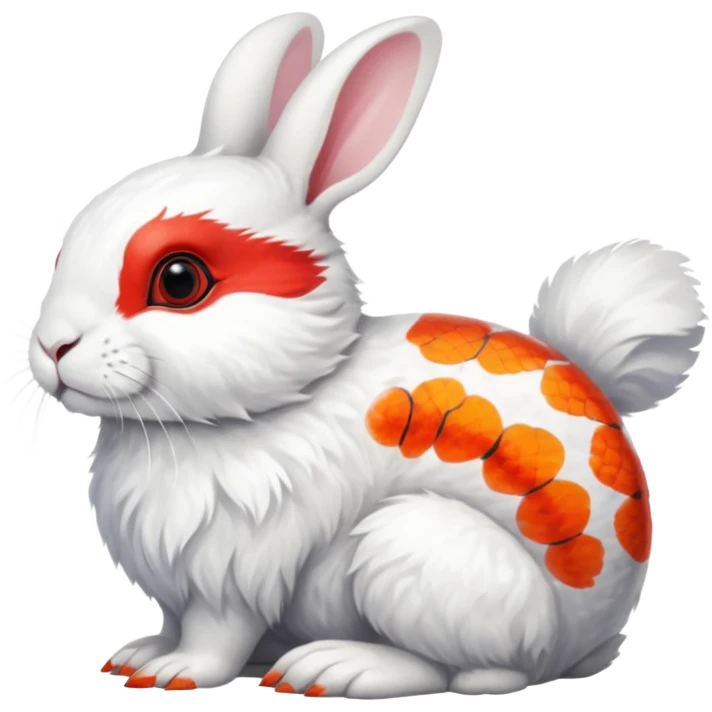 Asian Painted Fluffy Realistic Dwarf-Hotot-Rabbit-Rock-Ptarmigan-Koi-Fish-Animal-hybrid, full body, with red marking over eye emoji