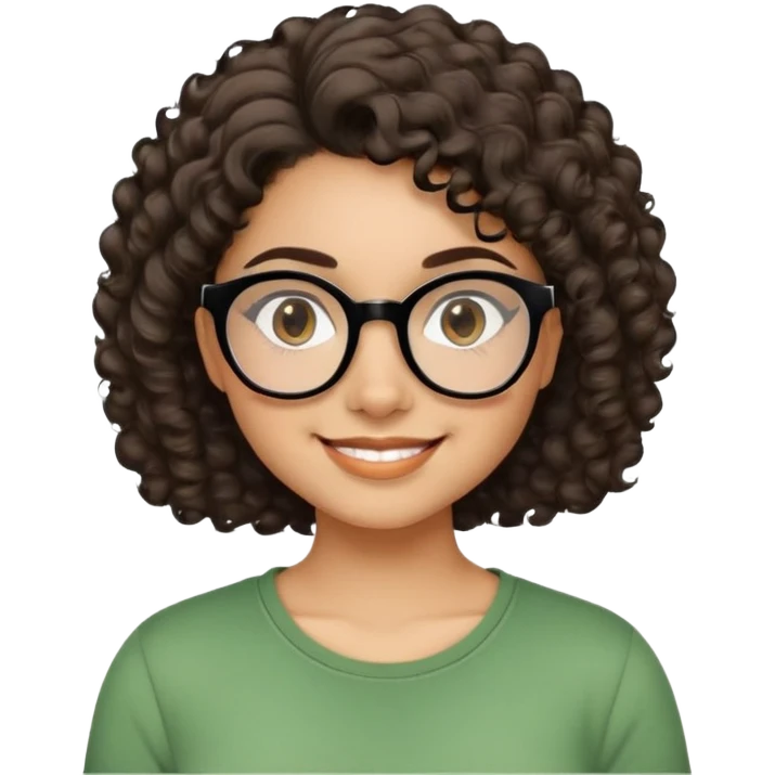 Young Latina woman with light brown skin. Round friendly face. Dark brown eyes with black-framed glasses. Thick arched eyebrows. Short voluminous curly hair. Big smile showing dimples. Wearing a green casual top. emoji