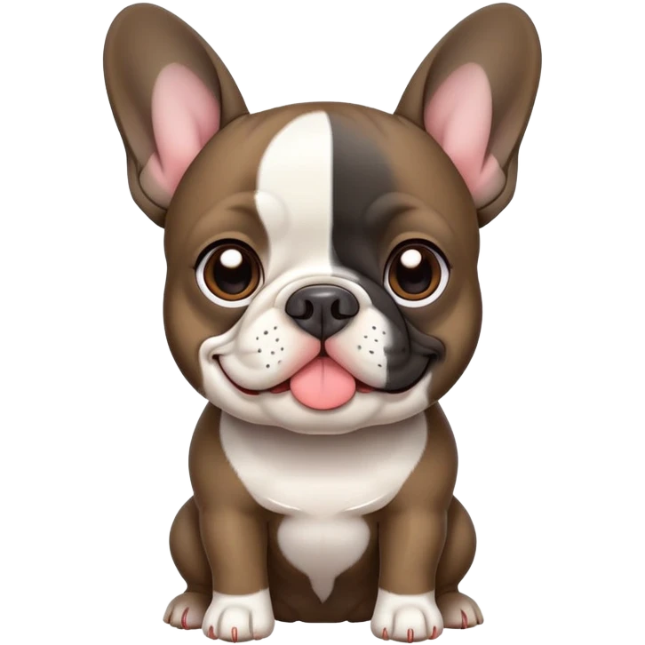 create A simple, cartoony emoji design of a French Bulldog with a dark brindle coat and a white chest, large upright ears, and a friendly expression. The style should resemble an Apple iOS emoji, with clean lines, minimal details, and a plain background. emoji