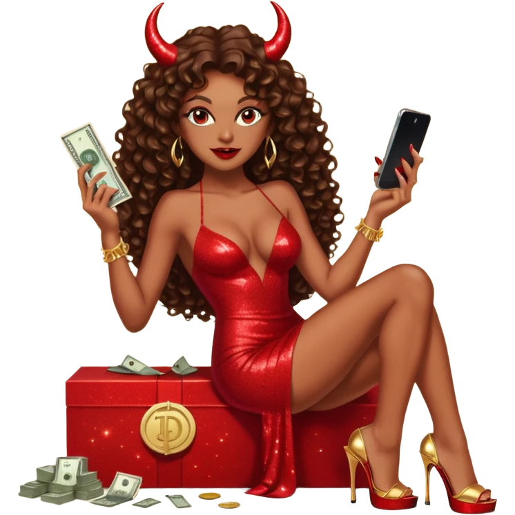 Sexy, playboy stripper woman brown curly long  hair half naked sensual devil horns red glitter dress with slit, holding cash and a phone  while she is sitting  top of gold wearing tall high heels with thick platform emoji