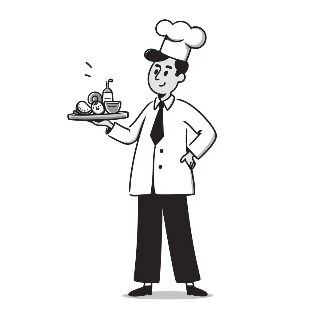Chef in business attire with chef hat, confidently selling food products emoji