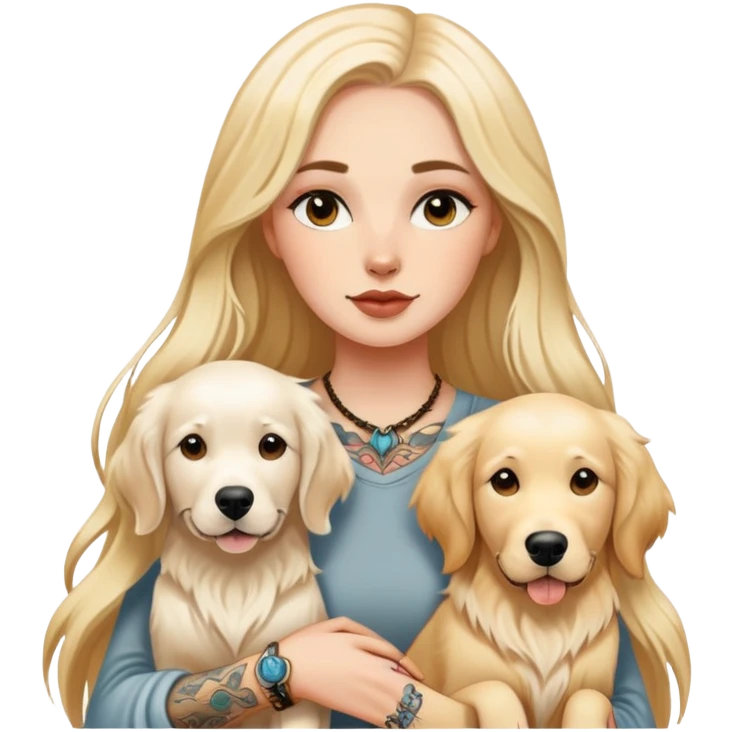 a  white girl with long hair with tattoo with 2 white golden retriever  emoji