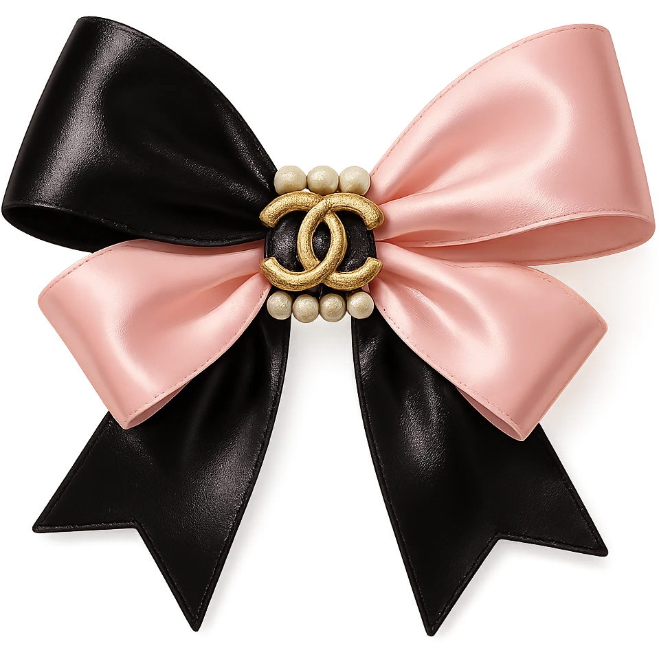 heart only the elegant bow with pearls and gold Chanel logo, glossy, pastel colors, realistic style, with no background. black pink,  emoji
