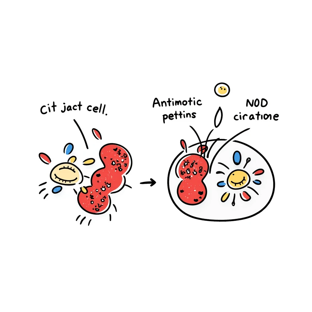 Anatomical diagram of antimicrobial mechanism: red bacteria with labeled parts (cell wall, membrane, DNA) surrounded by yellow antibiotic molecules and blue antimicrobial peptides breaking through cell structures. Hand-drawn scientific illustration with detailed cross-section view. emoji