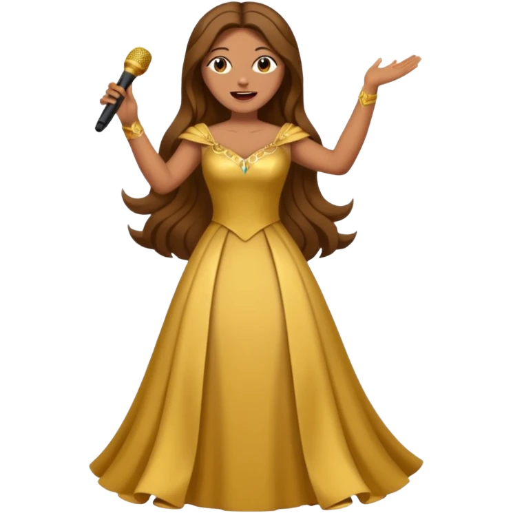 woman opera singer singing with long brown hair and golden dress and entire body emoji