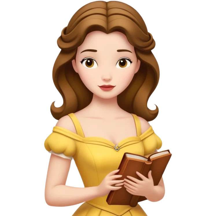 Disney's Belle with a yellow dress and a book emoji