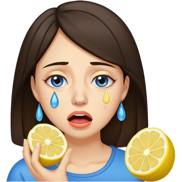 woman crying eating lemon. make tears blue color and brunette emoji