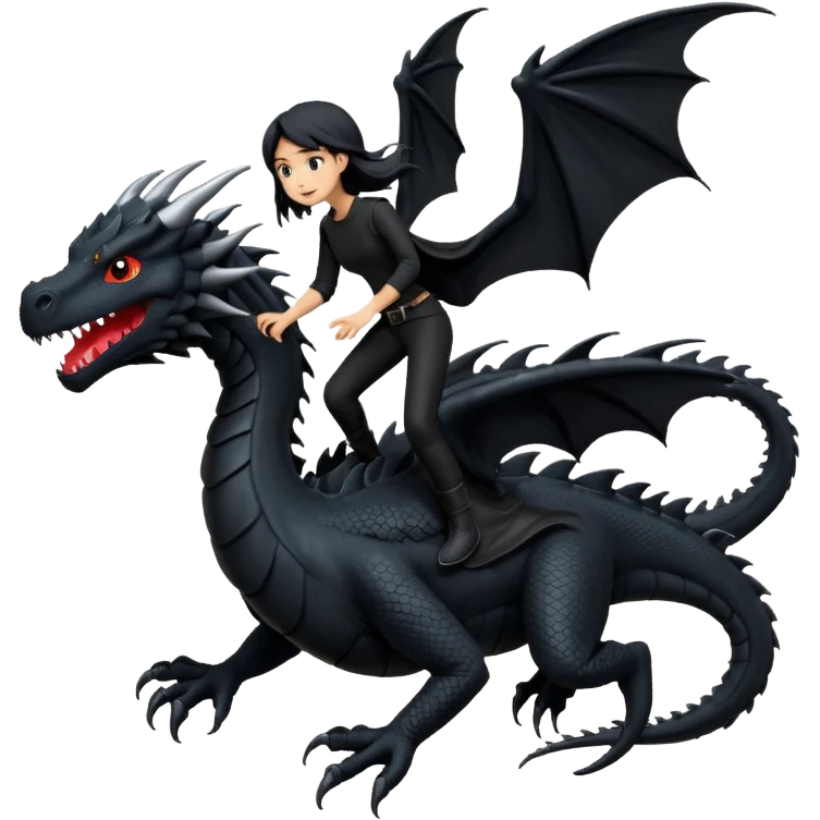 Extreme huge black dragon flying with a small female rider on top of it with black clothes emoji