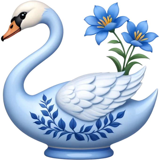 Light blue swan shaped vase with blue flowers in it emoji