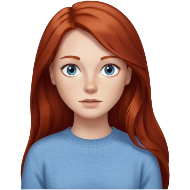 woman with long dark auburn red hair that is mostly straight but has slight waves to it. grey blue eyes. some freckles. wearing a Swedish style sweater that is neutral. the image on the right is closer emoji
