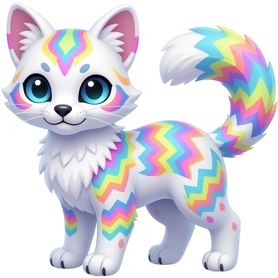 Colorful tropical tribal pale light fruity pastel white glorious iridescent divine exotic cute albino neon vibrant zigzagged cool beautiful fantasy-caracal-civet-genet-sergal-vernid-Gryphon-Cacomistle-Trico-oncilla-animal-Fakémon-hybrid-fursona (full body), facial markings, emoji