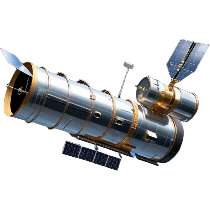cinematic-realistic-hubble-space-telescope-emoji, an awe-inspiring, ultra-detailed depiction of the Hubble Space Telescope floating in space, its large, reflective metallic surface gleaming against the backdrop of the infinite blackness. The telescope's vast solar panels extend outwards, catching the light from distant stars, while its intricate, cylindrical body showcases advanced, precise engineering. The telescope's large, hexagonal lens is pointed towards the cosmos, surrounded by mechanical components, wires, and sensors. The detailed textures of the telescope’s metallic exterior, the shiny reflective coating, and the intricate grid-like solar panels are sharply contrasted against the void of space, with distant stars and nebulae faintly visible in the background, adding to the sense of scale and te emoji