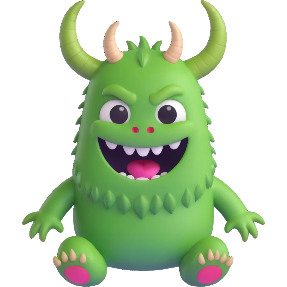 3D funny green monster, no teeth, small horns, smiling emoji