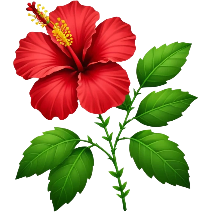 Hibiscus with a stem and many leaves in the style of Apple emojis emoji