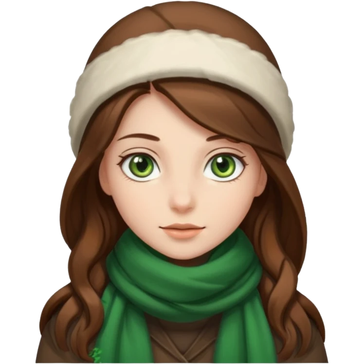 Girl green eyes brown long hair with brown-white winter clothes  emoji