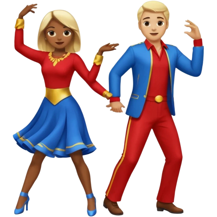 Two people dancing. A man wearing red with light skin and blonde hair. A women wearing bue with dark skin and brown hair. emoji