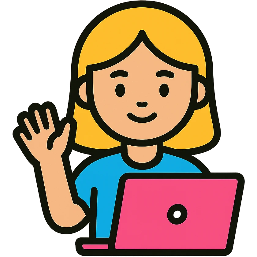 a girl with a pink laptop waving, color outline icon style emoji