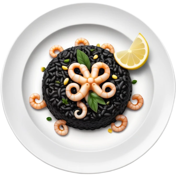cinematic-realistic-black-risotto-dish,-showcasing-small squid pieces-rendered-with-bold-textures-and-dynamic,-dramatic-lighting in a white plate with a grilled lemon on top emoji