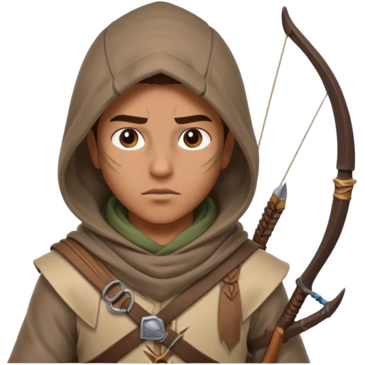 desert archer warrior portrait, head and shoulders only, hooded scarf collar, quiver strap visible, sharp focused eyes, 3D cartoon, mobile game icon style, clean background, no text, no watermark
 emoji