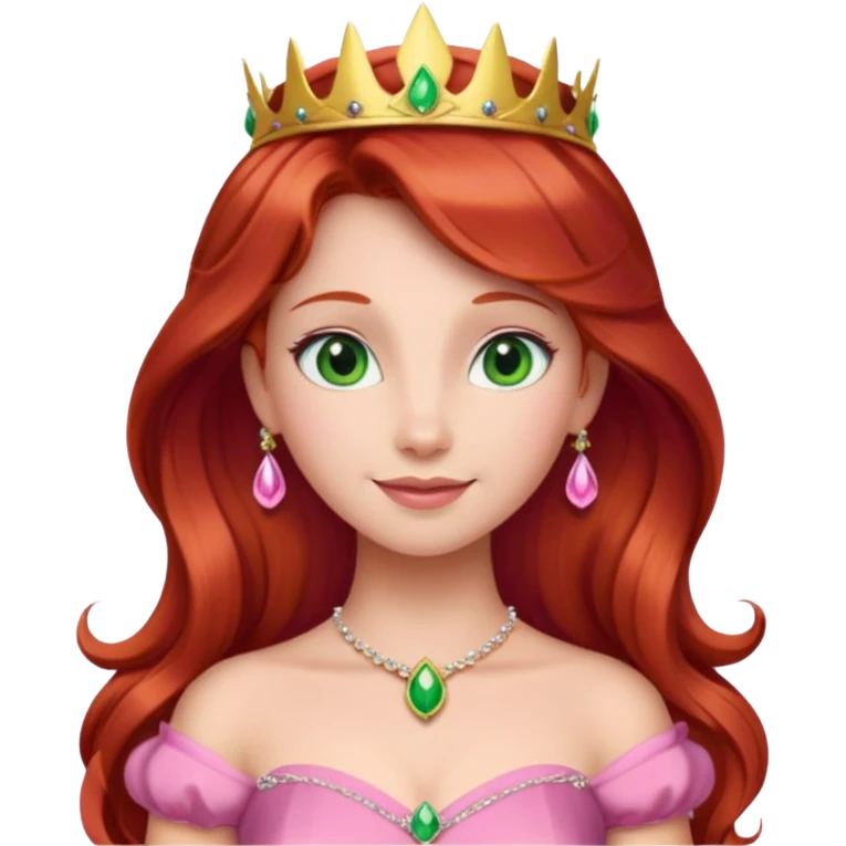 Aurora princess, classic fairytale style, red hair, pink gown, gentle smile, green amber eyes, emoji style emoji