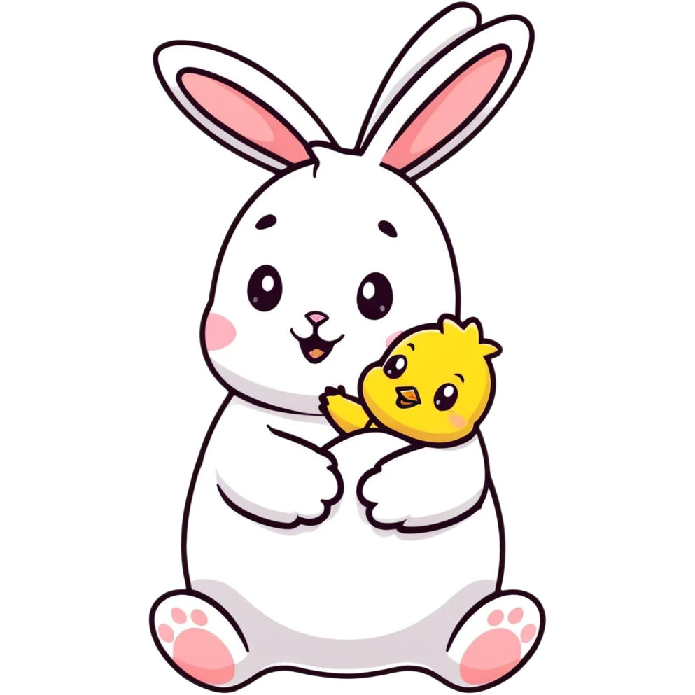 Adorable easter bunny hugging a small yellow chick emoji