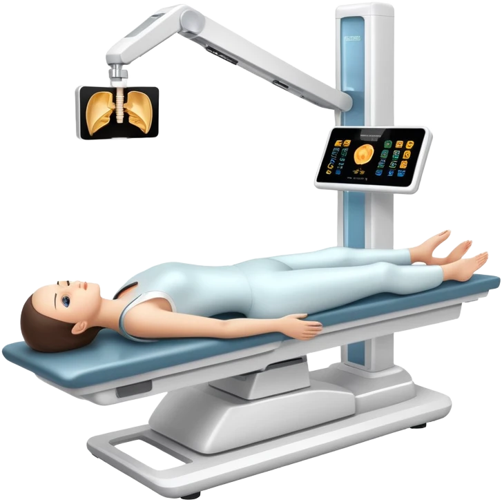 3D medical DEXA scan machine with patient lying on table, bone density measurement equipment emoji