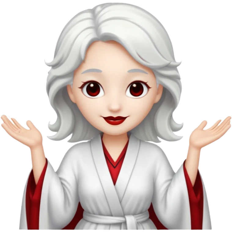 vull un perosnatge estil bimoji que sigui com una nimfa bella i fantasmal amb túniques blanques. Té la pell literalments blanca com el guix, cabell platejat, un nas llarg, ulls negres grans i llavis carmesí. que estigui somrient sense arrecades i vestimenta vermella i blanca emoji