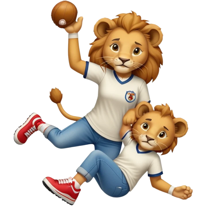 confident anthropomorphised female lion wearing a baseball shirt, jeans, and trainers, helping someone up after a fall, showing kindness emoji