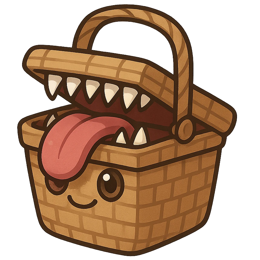 a picnic basket mimic with a classic woven basket, hinged lid slightly open revealing sharp monster teeth and a long playful tongue, cartoonish eyes on the front, cute and mischievous fantasy monster vibes emoji