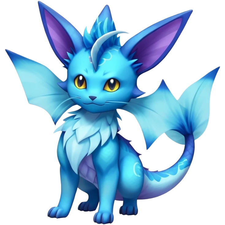 Elemental Exotic Colorful Fantasy Purrloin-Vaporeon-Pokémon-Fakémon-hybrid-creature (full body) emoji