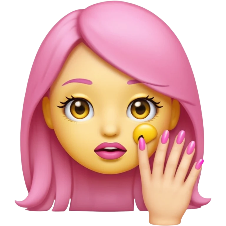 Cute shy emoji with long lashes, big pouty lips, pink nails, black background, same style as original emoji, not human emoji