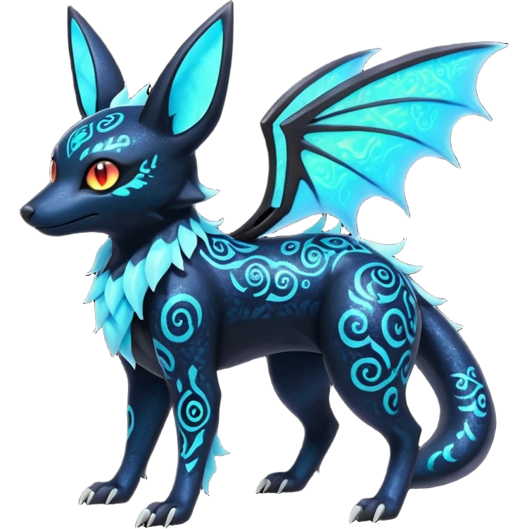 Shiny Fiery Dark Ugly Evil Realistic Glowing Eldritch Horror Cool Edgy Badass Emo Glorious Demonic Batty Dusky Ethereal Sparkly Shimmering Magical Punky Aural Iridescent Fluorescent Bioluminescent Umbreon-Noibat-Salandit-Litten-Flareon-Fakémon-fusion (full body) with intricate pattern markings emoji