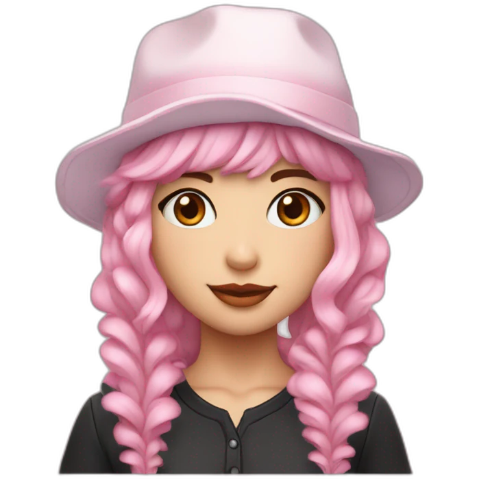 •	Pale pink hair 	•	Youthful facial features 	•	Casquette hat with frills 	•	Dress with lots of frills emoji