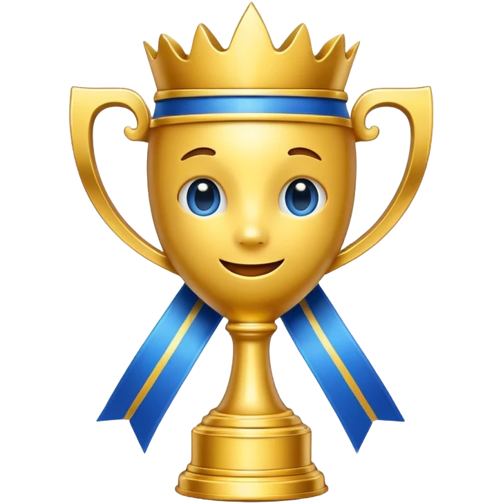 cute emoji style golden trophy with blue ribbons, shiny metal, gaming vibe, bold thick outline, vibrant colors, transparent background, 1:1 emoji