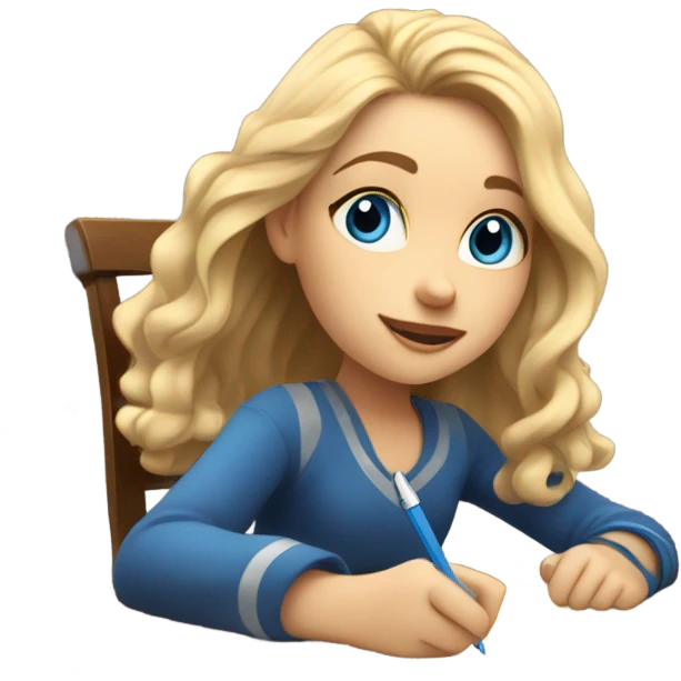White Smart girl with blue eyes and light skin doing Homework on a desk writing on a piece of paper  emoji