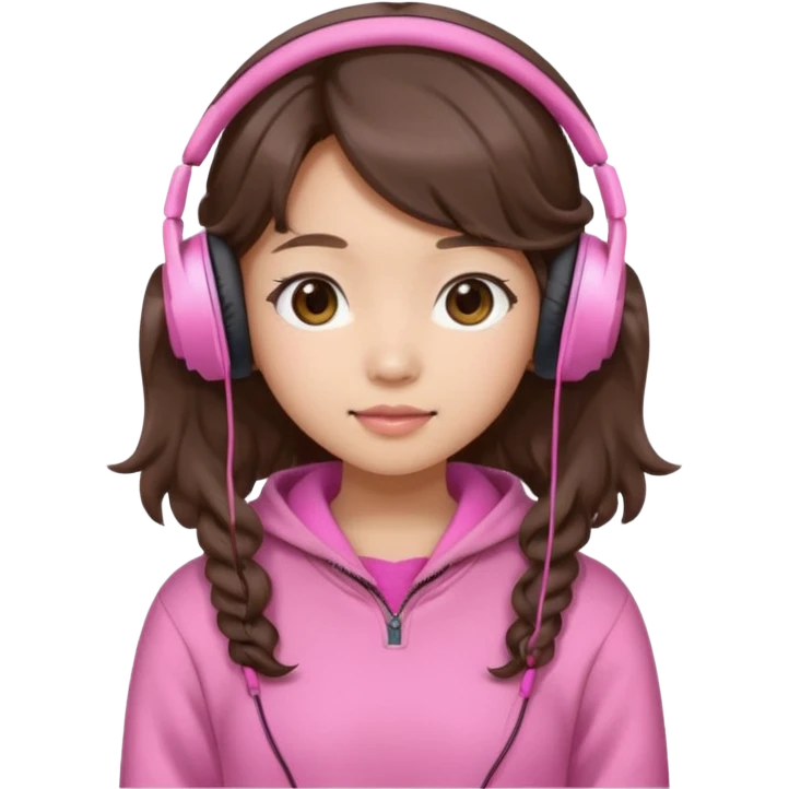 a asian japanese girl with wavy silky brown hair and no bangs. she has a cute pink gaming headphones. she is wearing a cute pink sweater  emoji