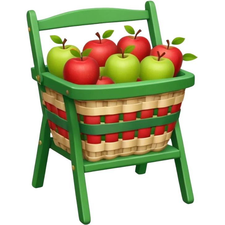 woven basket with apples on a white wooden chair. The basket is lined with checkered cloth, green emoji