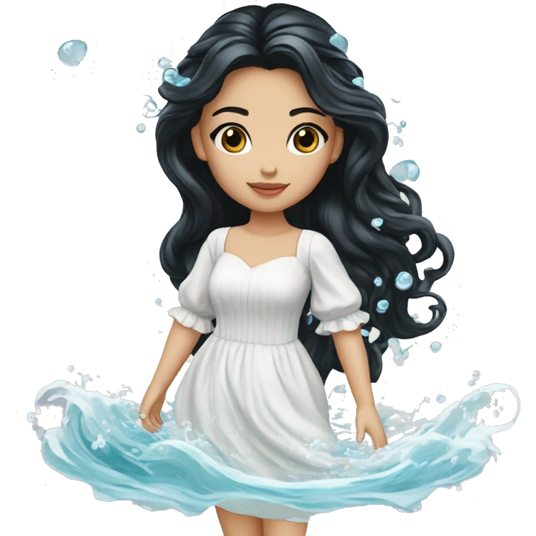 Pretty young Lady doll posing posed pose with long black hair flowers in hair white dress surrounded by flowing water water swirls waves emoji