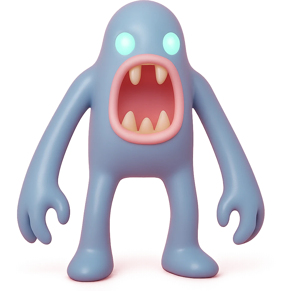terrifying monster with elongated limbs, gaping mouth with sharp fangs, glowing eyes, shadowy body, toy-like vinyl figure emoji
