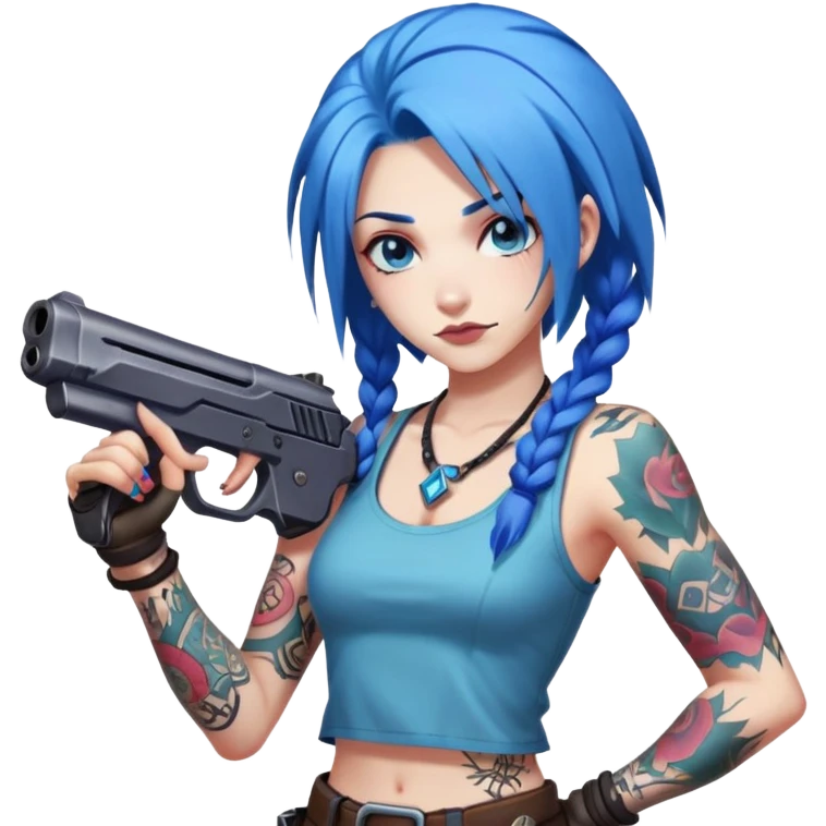 Jinx from League of Legends with blue hair and tattoos, holding guns emoji