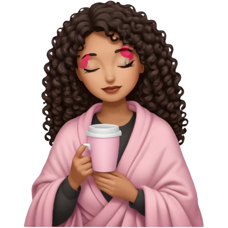 hispanic woman, brown skin, black long 3b curls, closed eyes, feminine face, holding soft pink coffee cup with beige blanket over shoulders emoji
