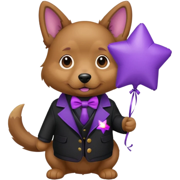 Dog hold purple star shape balloon, black jacket emoji