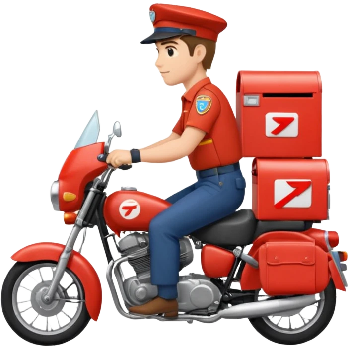 پستچی سوار بر موتور که نیم رخ چهره اش معلوم باشه و پشت موتور چندتا جعبه پست باشه رنگ پوست پستچی سفید باشه emoji