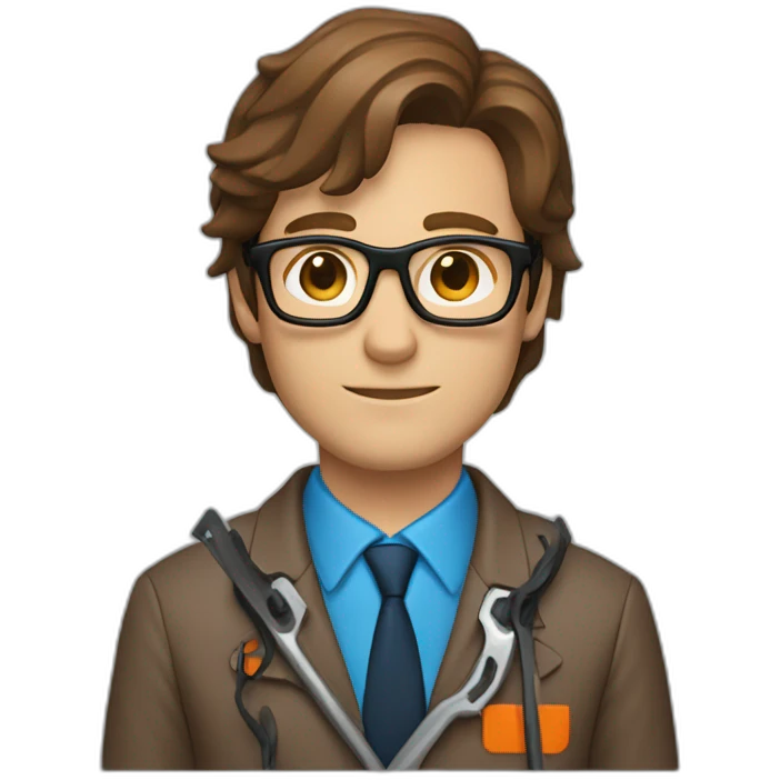 a guy with brown hair, square glasses, an orange repairman's suit, blue eyes, with a chainsaw emoji