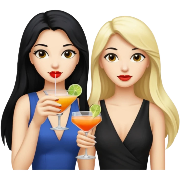 Two queens with long black hair and blonde drink emoji